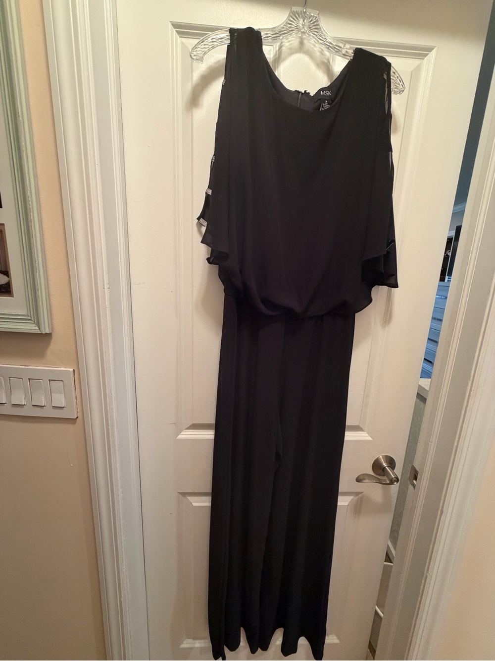MSK Elegant Black Evening Jumpsuit with Rhinestone Embellished Sleeves